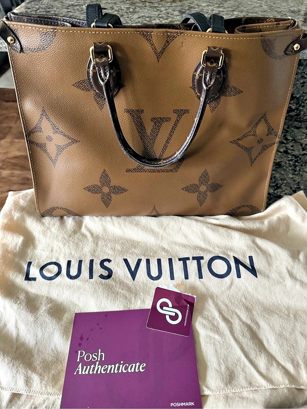 Louis Vuitton OnTheGo MM Monogram Tote Brown & Red